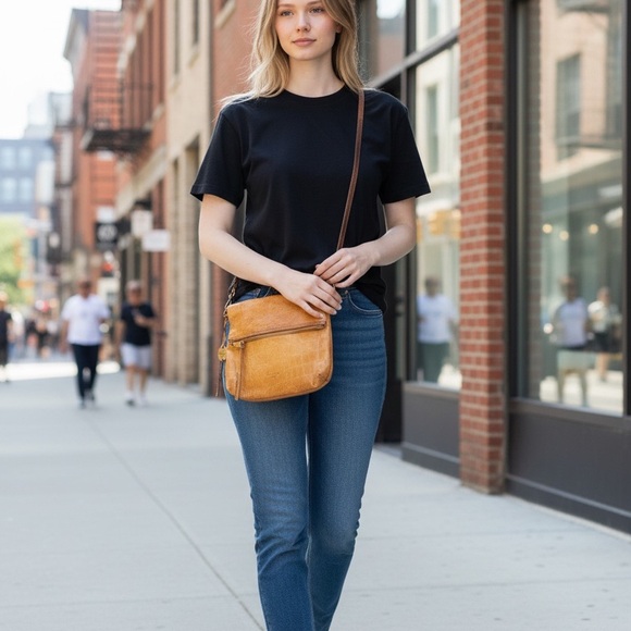 MARGOT New York Cognac Croc Embossed Leather Foldover Crossbody Bag Boho - Picture 13 of 13